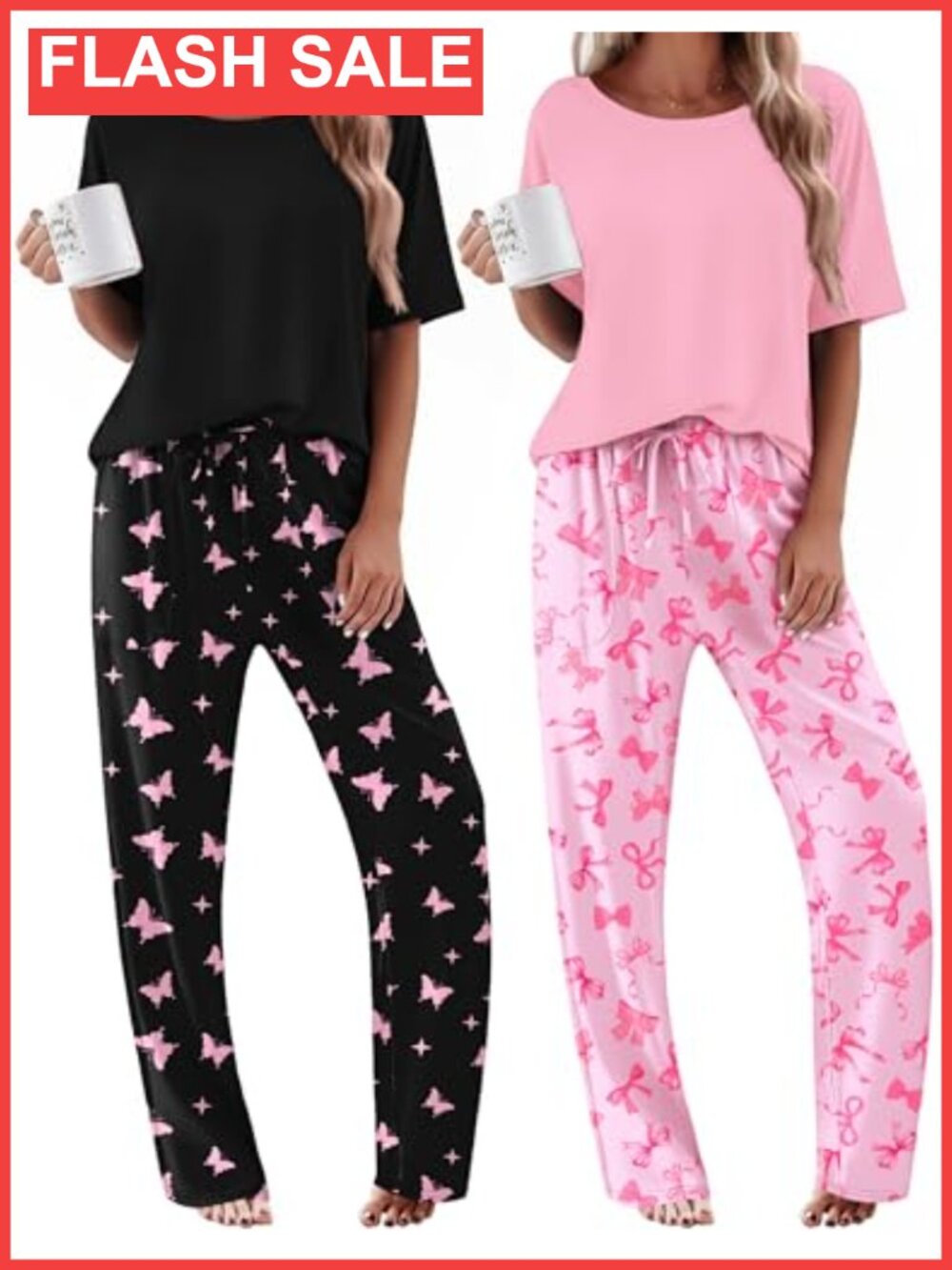Ekouaer 2 Pack Womens Pajama Set Short Sleeve Long Pants Lounge Set